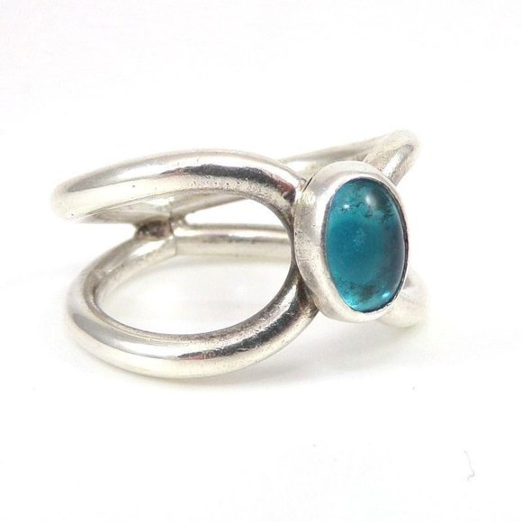 Boho Sterling Silver Turquoise Blue Glass Double Band Modern Ring Size 7.5 - Picture 2 of 5